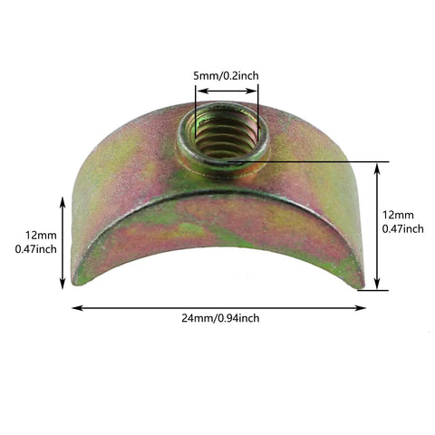 Heavy Duty Zinc Alloy Half Moon Wedge Nuts And Crescent Spacers For Furniture Joinery Rust Proof M6 Hardware with dimensions shown.