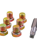Oil Drain Plug Thread Repair Kit M15 X 1.5mm Rethread Tool with six plugs and tap for oil pan sump gearbox repairs.