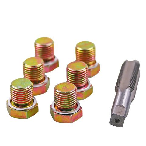 Oil Drain Plug Thread Repair Kit M15 X 1.5mm Rethread Tool with six plugs and tap for oil pan sump gearbox repairs.