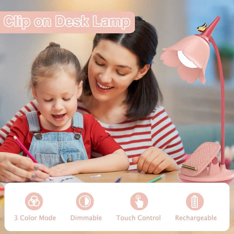 Pink Clip On Desk Lamp With Clamp, Rechargeable LED Light, flower design, adjustable gooseneck next to mother and daughter