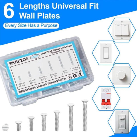 White Wall Plate Screws Kit 150 Pcs with 6 sizes 6 32 thread long outlet screws shown with wall plate examples