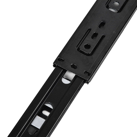 Close-up of Heavy Duty 3-Section Drawer Slides Black 14 Inch, 100 Lb Load Capacity, metal rails detail.