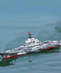 Dual-Motor 30 Km/H RC Battleship With Waterproof Hull And Sealed Cabin on lake, top view, high-speed water beast in action.