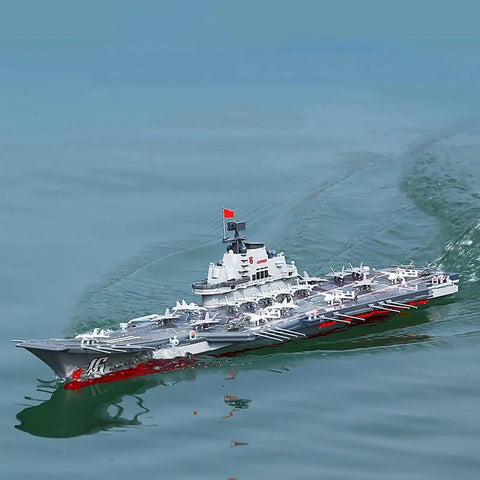Dual-Motor 30 Km/H RC Battleship With Waterproof Hull And Sealed Cabin on lake, top view, high-speed water beast in action.