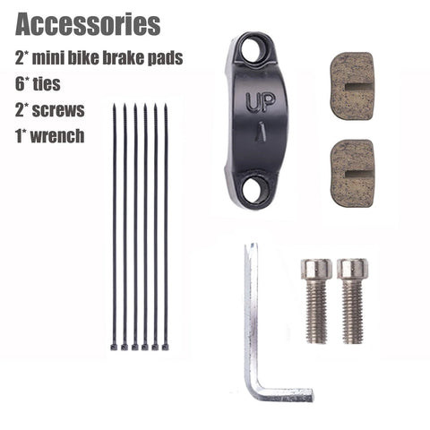 Mini bike brake accessory kit with 2 black brake pads, 6 zip ties, 2 screws, and 1 Allen wrench.
