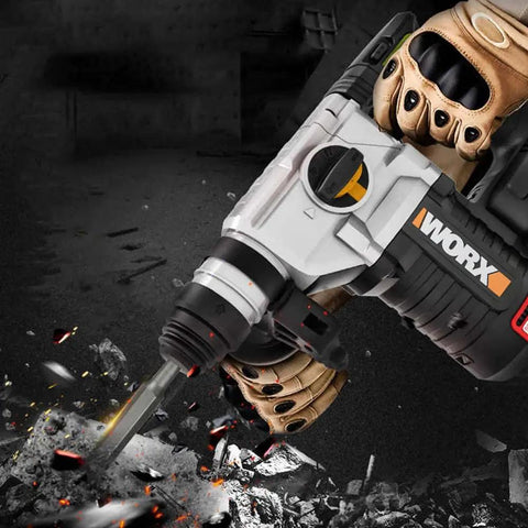 Built Different Heavy Duty Cordless Rotary Hammer Drill With Brushless Motor And Variable Speed Trigger packing serious 2.2 Joules drilling into concrete.