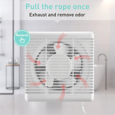 Window Shutter Exhaust Fan With Reversible Airflow 470 CFM 12 Inch Wall Mount Attic Fan in bathroom, showcasing airflow directions.