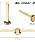 500 Piece Mini Brass Paper Fasteners Gold Pin Backs size guide showing 0.5 inch height and 1 inch width metal brads.