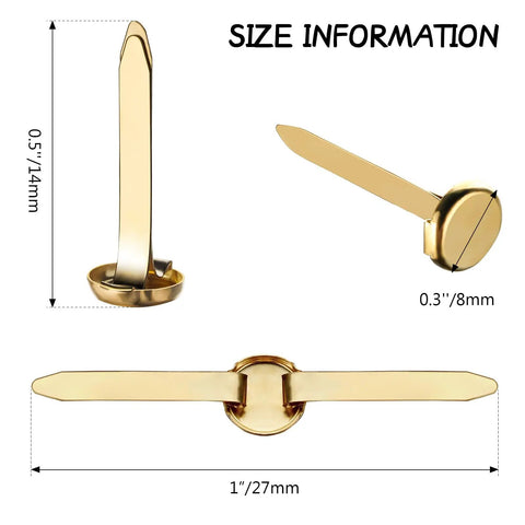 500 Piece Mini Brass Paper Fasteners Gold Pin Backs size guide showing 0.5 inch height and 1 inch width metal brads.