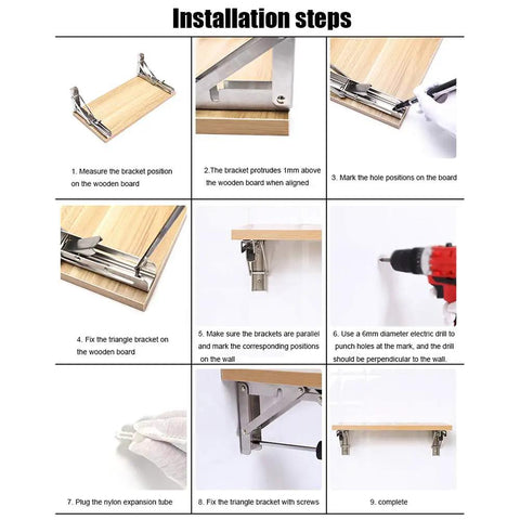 Installation steps for Solid As A Rock Foldable Shelf Brackets Two Pack Stainless Steel Wall Mount.