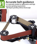 Turn Your Angle Grinder Into A Belt Sander Attachment Kit with guide wheels and belt mounted on table stand for precision grinding