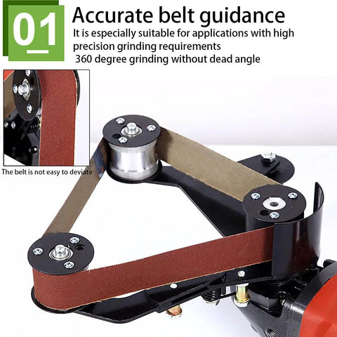 Turn Your Angle Grinder Into A Belt Sander Attachment Kit with guide wheels and belt mounted on table stand for precision grinding