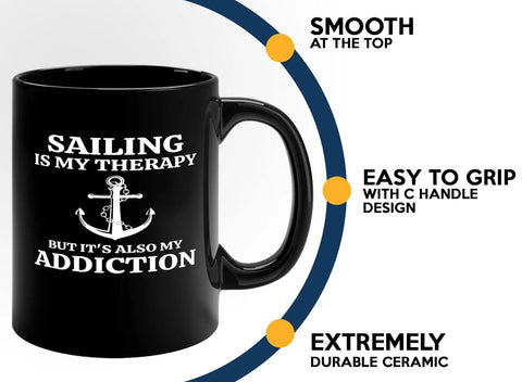 Is My Therapy Sailor Coffee Mug 11oz Black For Boaters And Sailors with anchor design and C handle, smooth ceramic
