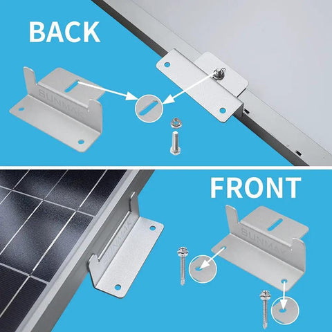 Solar Panel Z Brackets Mounting Kit Lightweight Aluminum Corrosion Free 16 Units Per Set For Off Grid Roof Install On RVs Trailers Boats And Yachts Easy Wall Mounts showing back and front angles.