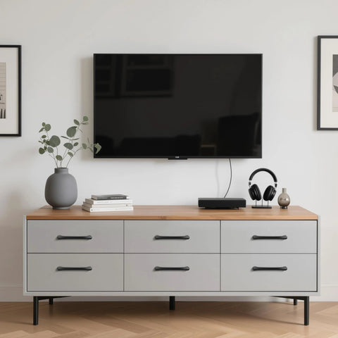 Ten Pack 5 Inch 128mm Hole Center Matte Black Cabinet Pulls Solid Zinc Alloy Drawer Handles on modern gray chest under TV.