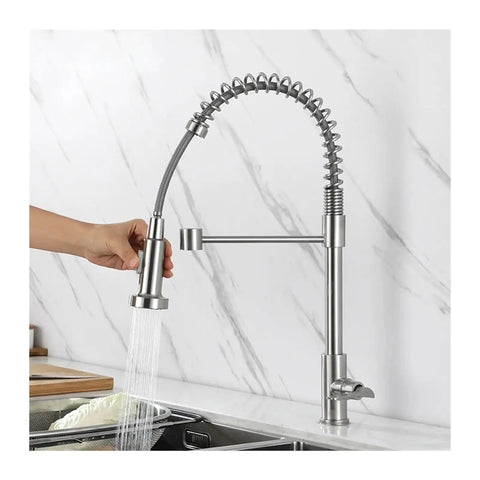 Stainless Steel Kitchen Faucet with Wall-Mounted Spray, Single Handle Cold Water Sink Tap for Top Mount Kitchen Sinks, Design for Modern Kitchens, close-up of spray head.