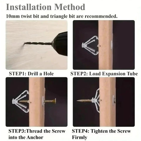 Installation steps for Heavy Duty Drywall Anchors Kit for Gypsum Board and Concrete Walls with expansion tubes and screws.