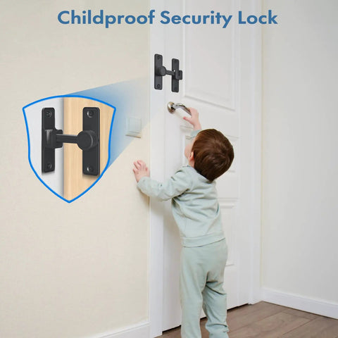 Heavy Duty Barn Door Lock Latch 90 And 180 Degree Adjustable installed on white door for child safety