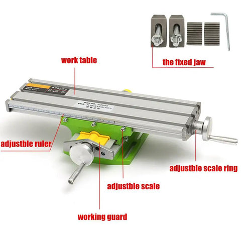 Precision Aluminum Alloy Work Table With Zero Hassle Dovetail Slides For Bench Drill showing adjustable features and components.