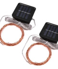 Two-pack Solar String Lights 16 Feet 50 LEDs Warm White with solar panels for garden, patio, trees, railings, and fences.
