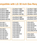 Compatibility chart for 30 Inch Gas Cooktop Saver Mat With Whole Piece Design Washable Teflon Coated Shield for LG gas ranges.