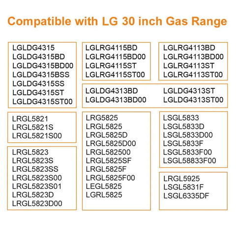 Compatibility chart for 30 Inch Gas Cooktop Saver Mat With Whole Piece Design Washable Teflon Coated Shield for LG gas ranges.