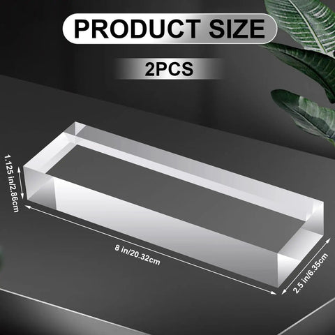 Two Clear Acrylic Display Blocks For Custom Name Plates Blank Cube Stands For Wedding Props Photography Scrapbooking And Craft Projects To Level Up Your Display 2.5 By 8 By 1.125 Inches on a black surface, showing dimensions.
