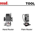 Image of Freud hand router and palm router shown with clear labels.