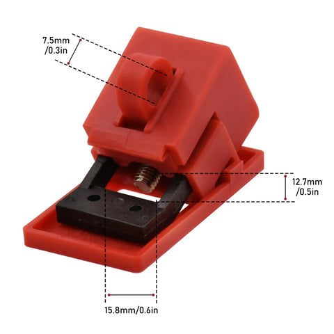 10 Pack Clamp On Circuit Breaker Lockout Devices For 120/277V Single Pole Systems, medium red lockout device with dimensions.