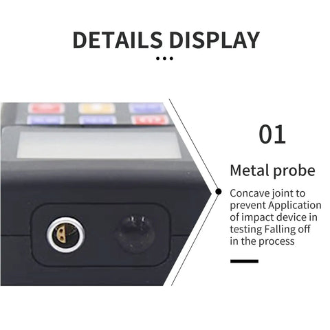Close-up of 7 In 1 Portable Metal Leeb Hardness Tester With D Sensor showing metal probe detail and connection port.