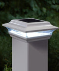 Imperial Solar Post Cap For 4x4 Posts White With High Output LED Lights on fence post, cast aluminum, nighttime view