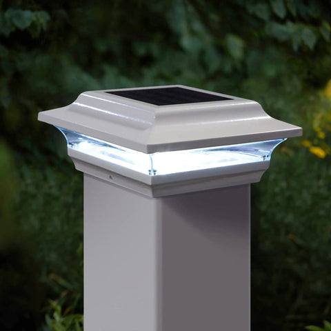 Imperial Solar Post Cap For 4x4 Posts White With High Output LED Lights on fence post, cast aluminum, nighttime view