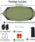 Package contents for Two In One Pop Up Hammock Tent With Mosquito Net For One Person including straps, stakes, and carabiners