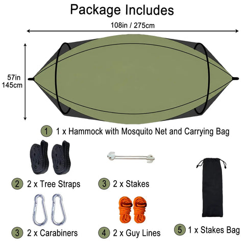 Package contents for Two In One Pop Up Hammock Tent With Mosquito Net For One Person including straps, stakes, and carabiners
