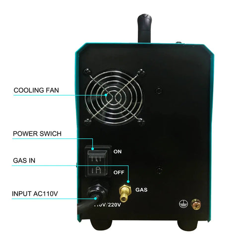 Back view of 3 In 1 Gasless Welder 140A 110V MIG MMA Lift TIG showing cooling fan, power switch, gas input, and AC110V input.