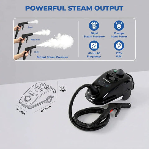 Compact Dry Steam Cleaner 1700W with adjustable settings, 10.5'' high, 72'' hose and powerful steam pressure.