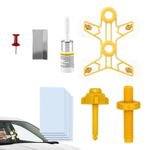 Windshield Chip Repair Kit for Quick Fix and Crack Stop Auto Glass Repair Tool components and usage demonstration on car windshield.