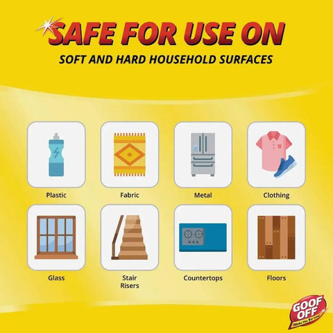 Infographic of surfaces safe for use with Household Spot And Stain Remover That Tackles Marks Messes And Stains On Every Surface.