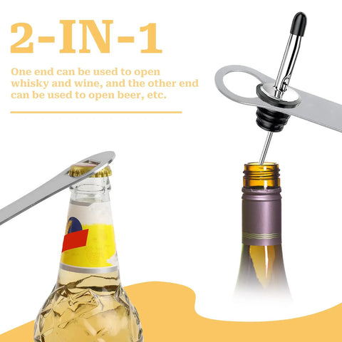 Two Pack V Rod Bottle Opener Set For Bartenders And Home Bar showing dual-ended use for beer and wine bottles