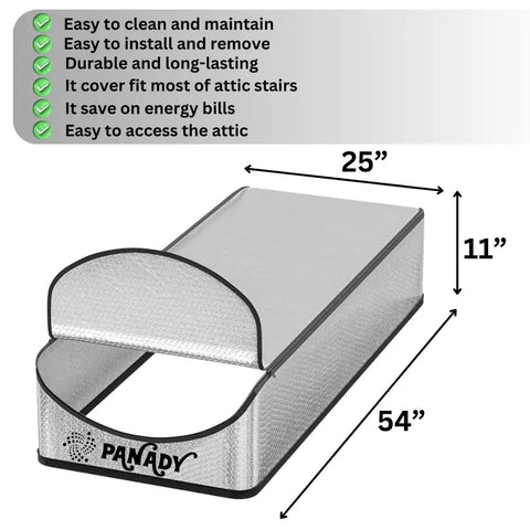 Attic Stairs Insulation Cover 25x54x11 Inch with reflective barrier and fireproof material, shown with dimensions and benefits listed.