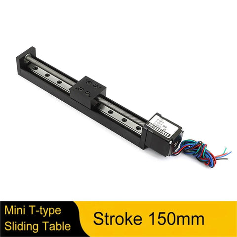 Real Deal Mini Slide Table Linear Stage Actuator With Nema11 Stepper Motor Featuring 150Mm Travel Stroke And 12Mm Lead Screw Pitch For Zero Stress Smooth Motion Control Projects Builds, showing actuator with 150mm stroke.