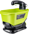 Side view of Cordless Salt And Seed Spreader For Ryobi 18V Battery, featuring a green 3.7L hopper for seeding, fertilizing, and ice melt.