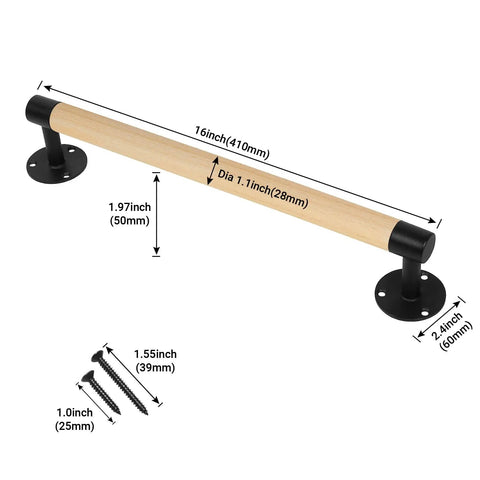 Two Pack 16 Inch Wood Barn Door Pull Handles With Black Metal Brackets for Garage Fence Sheds Farmhouse Furniture