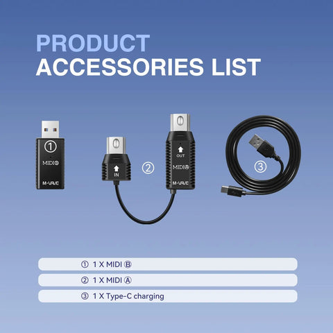 Ultra Low Latency Wireless MIDI Transmission System With USB Bluetooth For Mac iOS Windows 5 Pin DIN Interface accessories displayed
