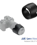 ET-60 Tulip Lens Hood Shade for Canon RF 75-300mm f4-5.6 and EF and EF-S Lenses, black reversible design, shown with camera.