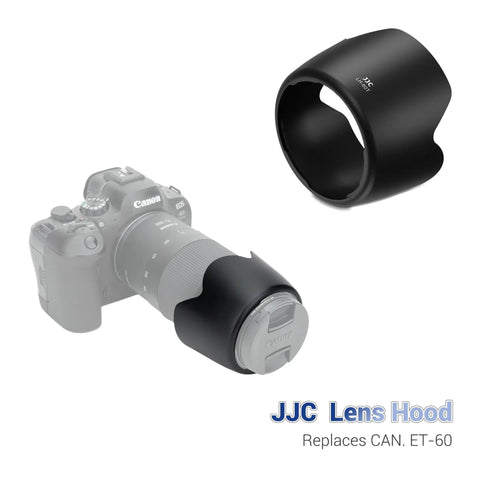 ET-60 Tulip Lens Hood Shade for Canon RF 75-300mm f4-5.6 and EF and EF-S Lenses, black reversible design, shown with camera.