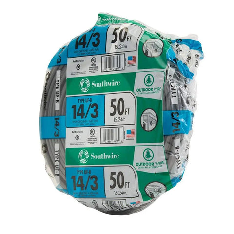 14/3 UF B Underground Feeder Cable 50 Ft Copper Wire For Outdoor Direct Burial All Weather Wet And Sunlight Resistant 600V Rated Electrical Cable For Outdoor Power Runs on reel