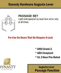 Diagram showing Aug 30 26D Grade 2 Commercial Duty Passage Lever, ADA Compliant, Satin Chrome Finish, for hallways and common areas.