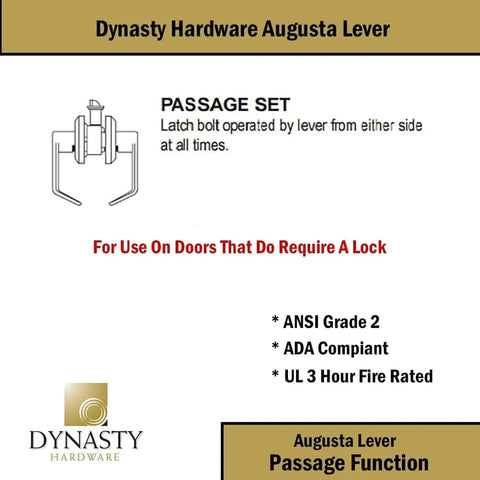 Diagram showing Aug 30 26D Grade 2 Commercial Duty Passage Lever, ADA Compliant, Satin Chrome Finish, for hallways and common areas.