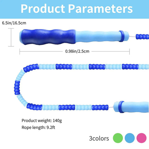 Image showing adjustable beaded jump rope for fitness, tangle free segmented rope with soft beads, 9.2 feet length, safe for kids, men, and women.